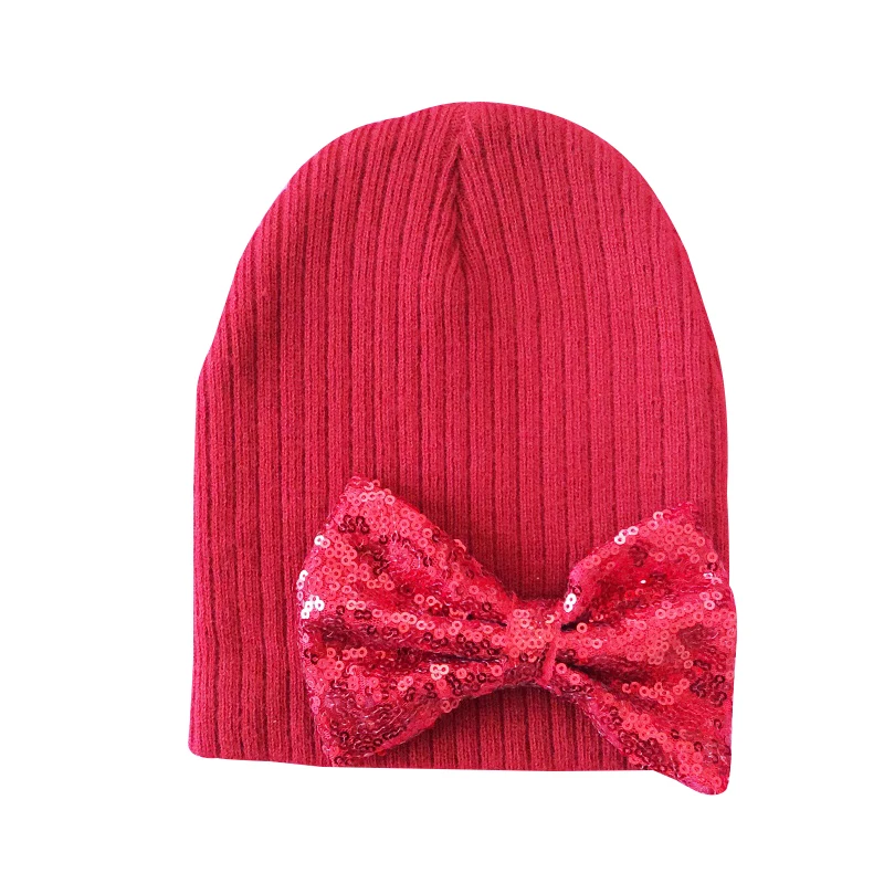 Детская кепка, зимняя шапка, вязаная шапка с блестками и бантом для маленьких девочек, детские шапки с бантом-бабочкой - Цвет: Красный