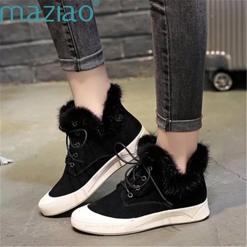 

winter boots leisure flat heel shallow mouth front strap fur ankle boots for women autumn winter MAZIAO