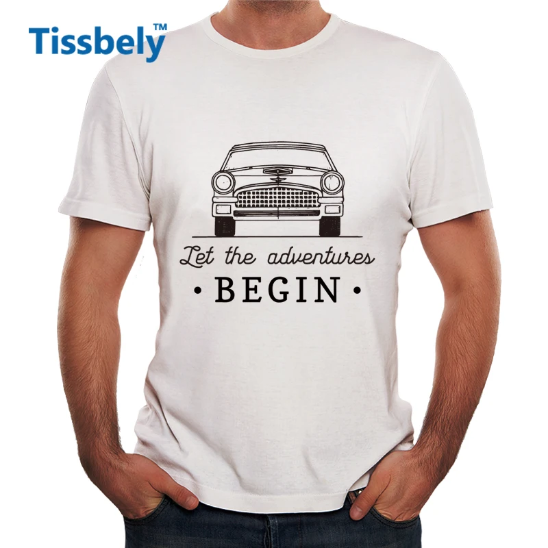 Tissbely Vintage Retro Automobile Logo Men T Shirts Let the Adventures Begin Motivational Quote Slogan Letter Tee Male Tops | Мужская