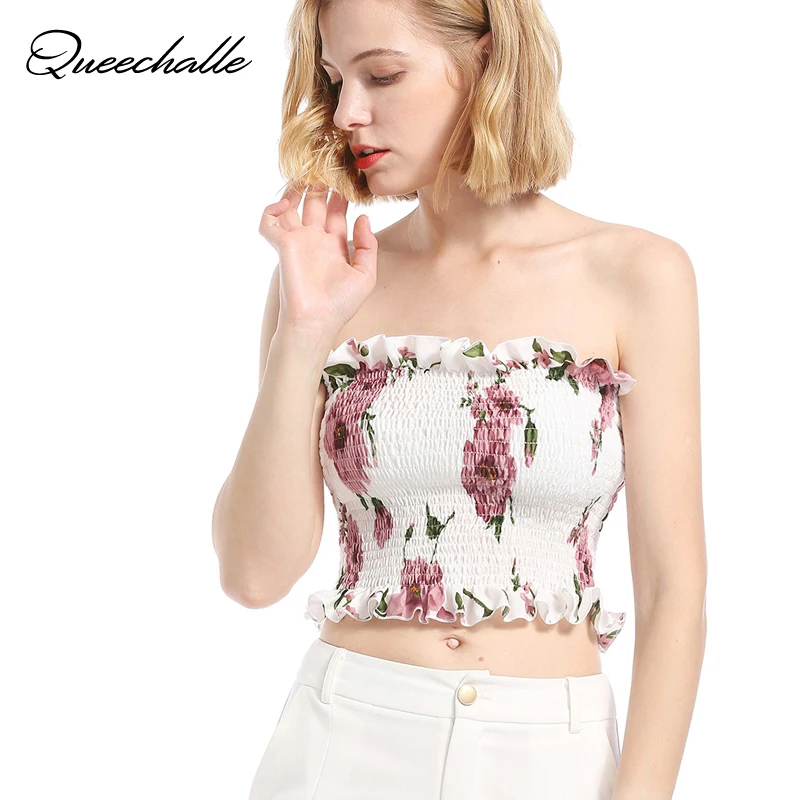 Floral Print Strapless Slim Tank Tops Feamle Bustier Streetwear Tube