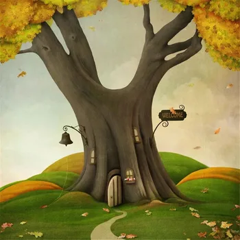 

Fairy Tale Tree House Kids Photography Backdrops Vinyl Printed Bell Maple Leaves Green Grassland Children Girls Photo Background