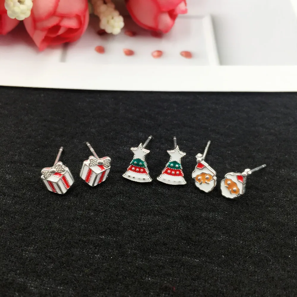 

New Korean 925 Sterling Silver Christmas Tree Santa Gift Stud Earring for Women Girl Cute Enamel Studs Jewelry Festival Xmas