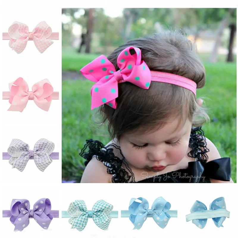

6pcs/lot Baby girl headbands bow elastic 4 Inch wave point dots Grosgrain ribbon bowknot for Children hair accessory A149