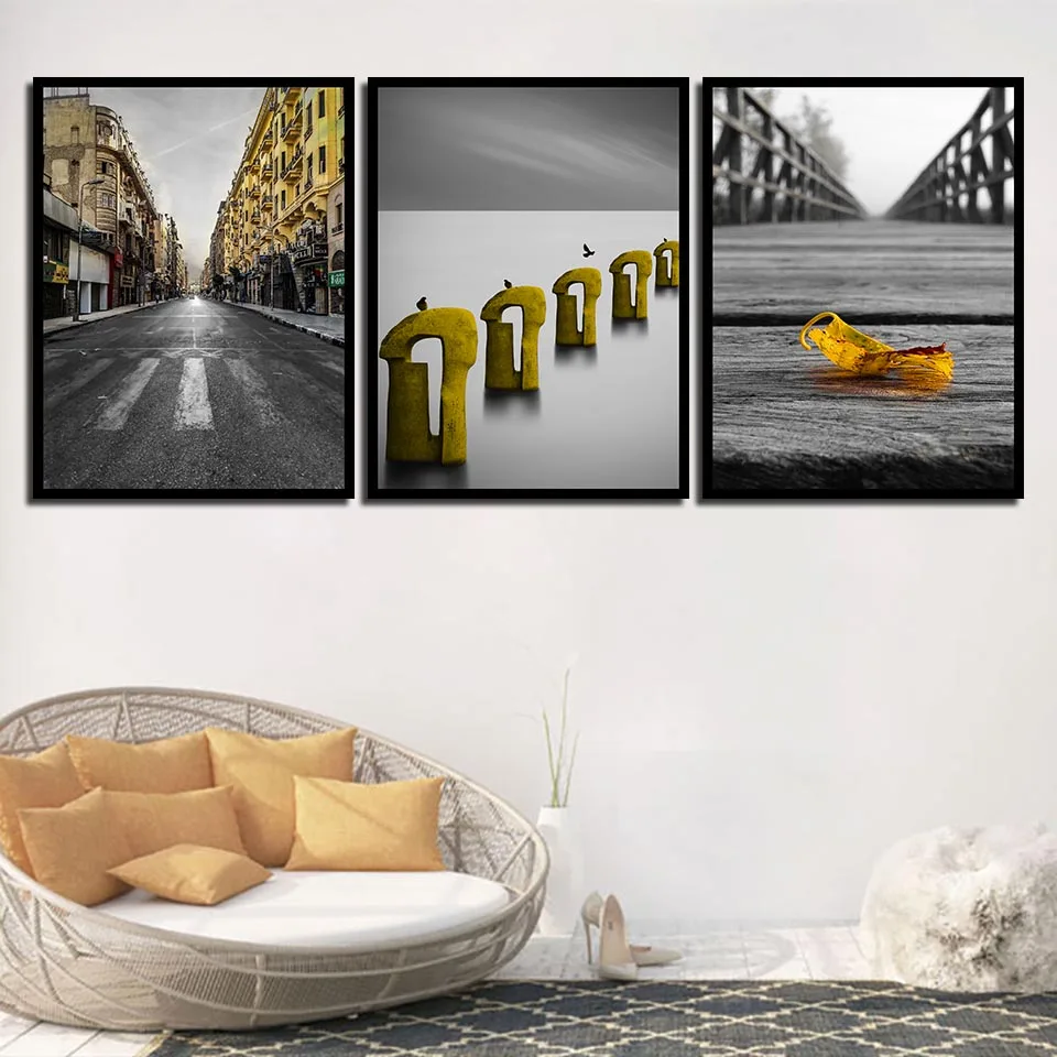 

Canvas Wall Art Painting Nordic A4 Print City Street And Sea Wood Bridge Poster Yellow Leaf Pictures For Living Room Home Decor