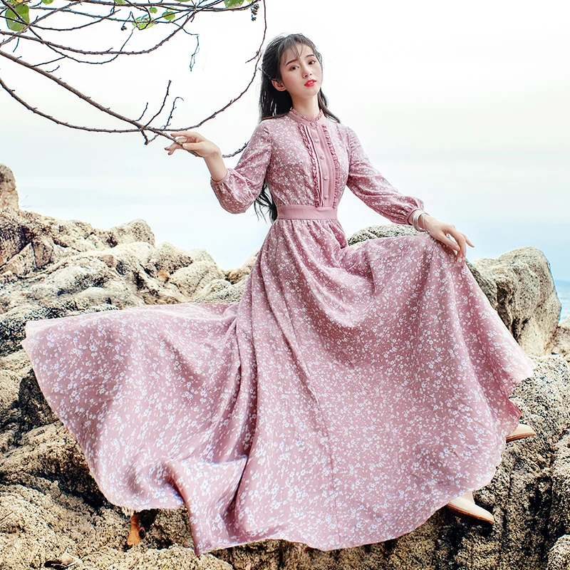 Vestidos Женская одежда 2019 Винтаж Весна розовый/желтый элегантный цветочный шифоновое платье макси богемное платье longue повседневное длинное