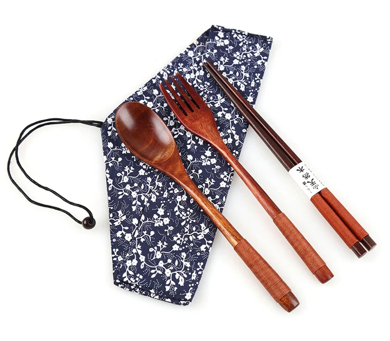 3Pcs Wooden Spoon Fork Chopstick Set Japanese Style Wood Soup Spoon Salad Fork Chopsticks Dinnerware Set with Pouch Portable Travelling Camping Tableware (12)