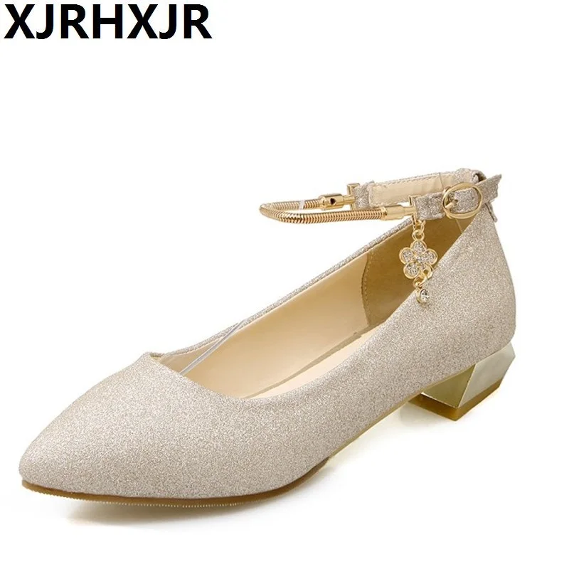 

XJRHXJR Fashion Buckle Crystals Bling Pumps Women Elegant Low Heels Pointed toe Party Wedding Shoes Woman Glod Sliver Black