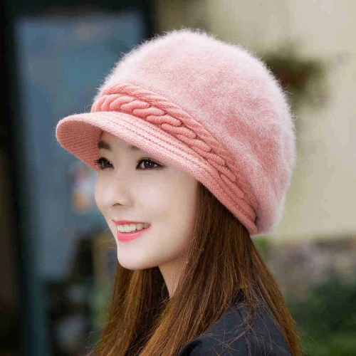 HT1914, женские шапки осень-зима, корейский стиль, кроличий мех, газетные шапки, берет, шапка, Женские однотонные вязаные шапки, повседневные теплые женские береты - Цвет: Розовый