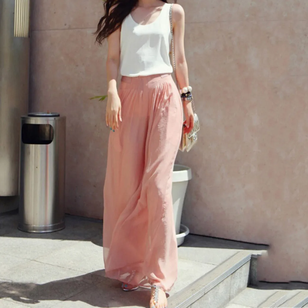 

Women Chiffon Wide Legs Trousers Loose Jogging Fitness Pants Plus Size Ladies Solid Color Comfortable High Waist Casual Trousers