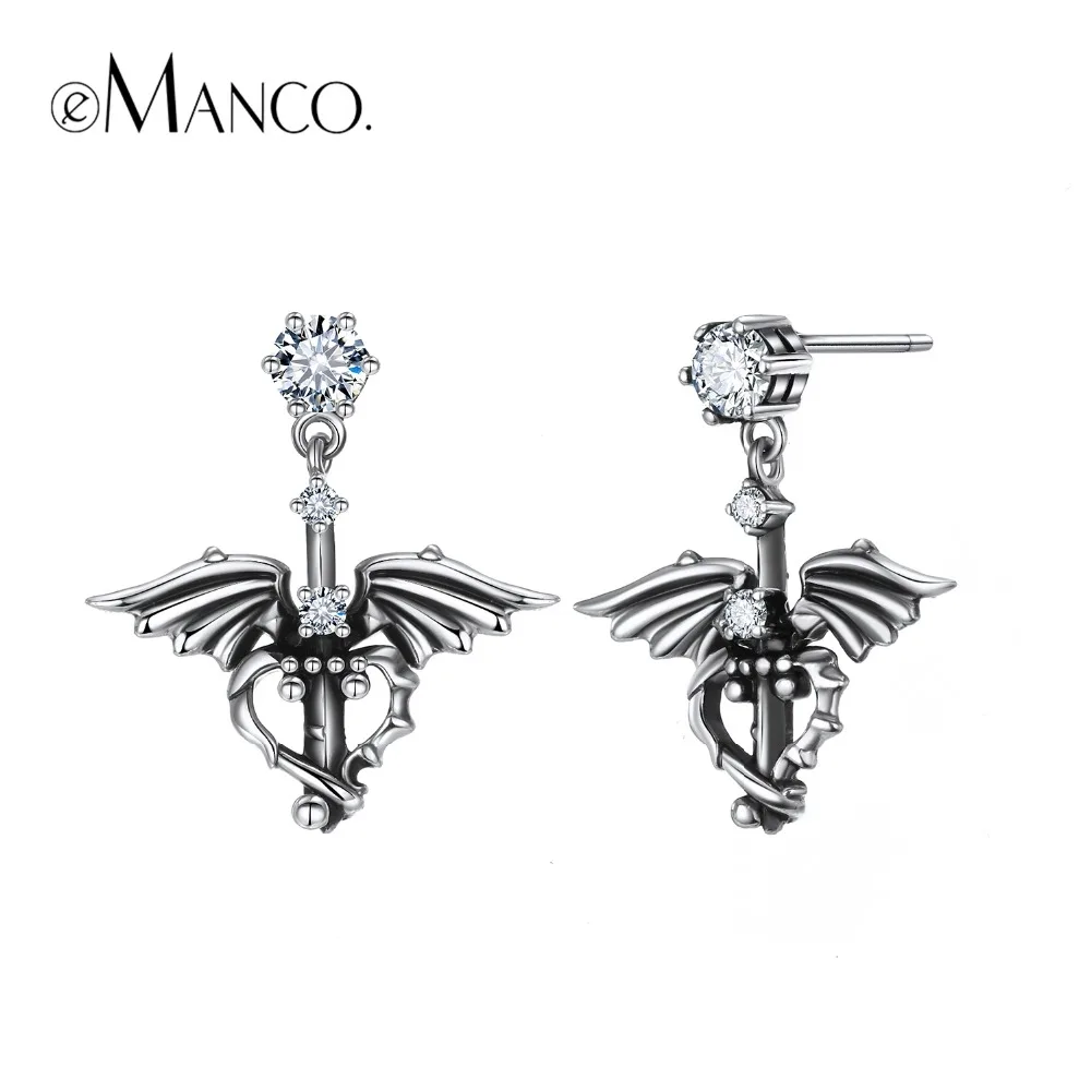 Ohrringe Obligatorisch E-manco 925 Sterling Silber Dämon Flügel Drop Ohrringe Vintage Party Unisex Gothic Zirkon Baumeln Ohrringe Neue Ankunft Edler Schmuck