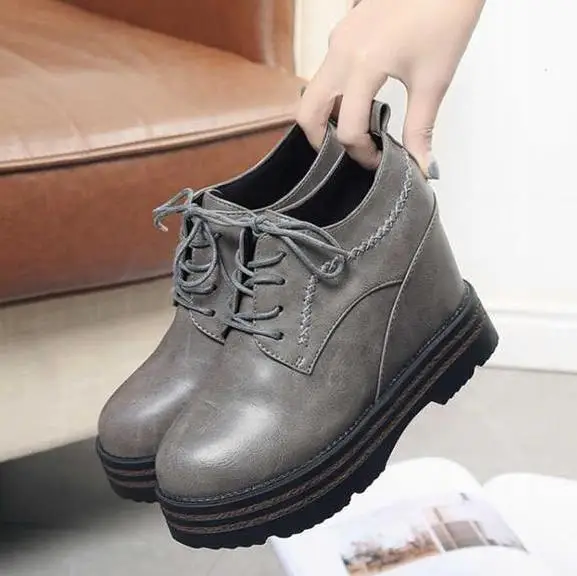 Women Hidden Heels Platform Wedges Pu Leather Shoe Fashion Lace Up Pumps Ladies Casual High