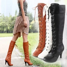 Frauen Hohe Stiefel 2015 Neueste Herbst Frauen Stiefel Dünne Fersen PU leder Größe 34-43 Fashion Korean Sexy Stiefel Lace Up Band schuhe
