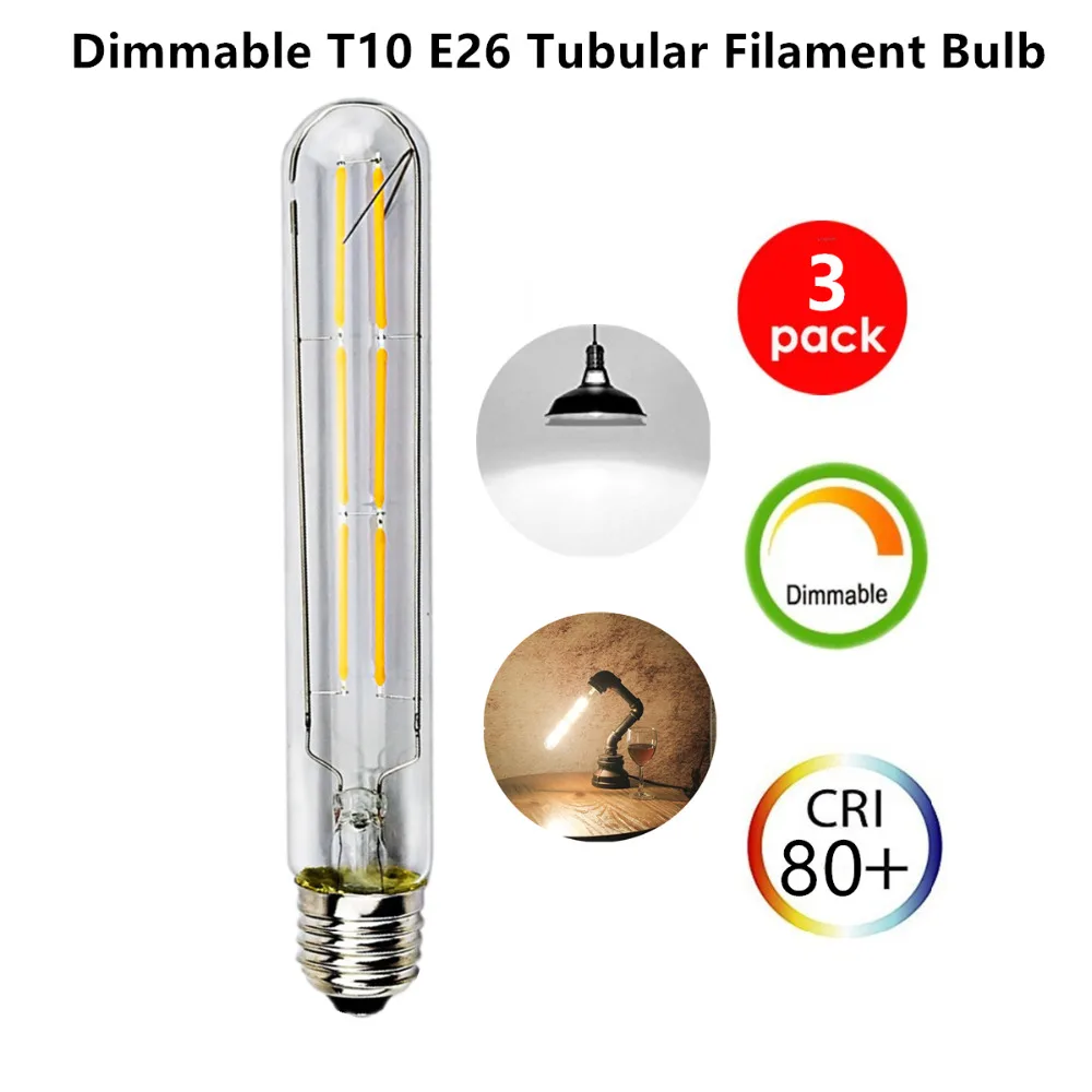 Dimmable LED T10 Tubular Filament Bulb with Medium E26 Base 120V 6W COB