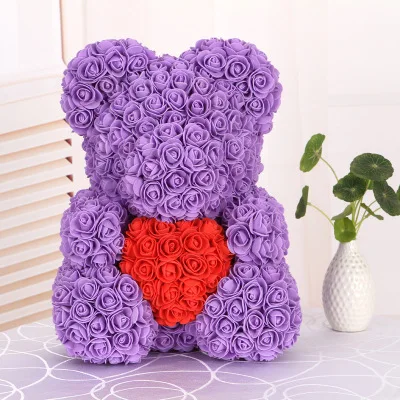 40 см пенный медведь розы с сердцем объятия искусственный цветок Роза медведь для Святого Валентина романтический подарок вечерние украшения - Цвет: Purple