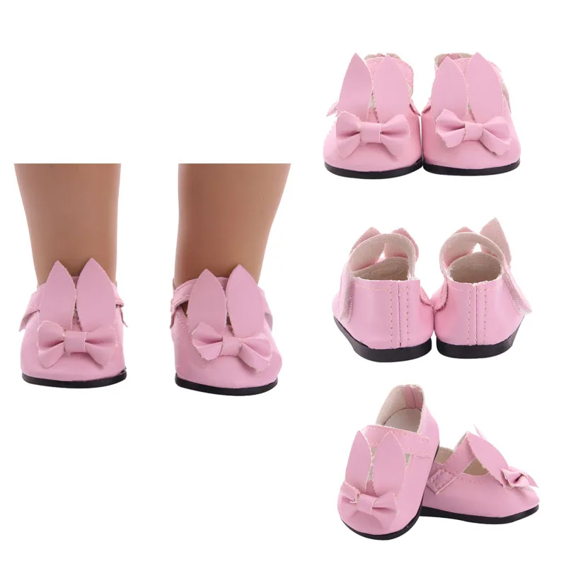 Doll Shoes Pink Bunny Ears Bow Leather Shoes Fit 18 American Doll