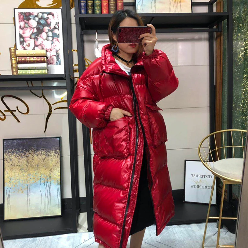 Goedkoop Ftlzz 2020 Vrouwen Lange Down Jas Winter Warme Jas Lange Mouwen White Duck Down Parka Stand Kraag Uitloper Ritsvak jas