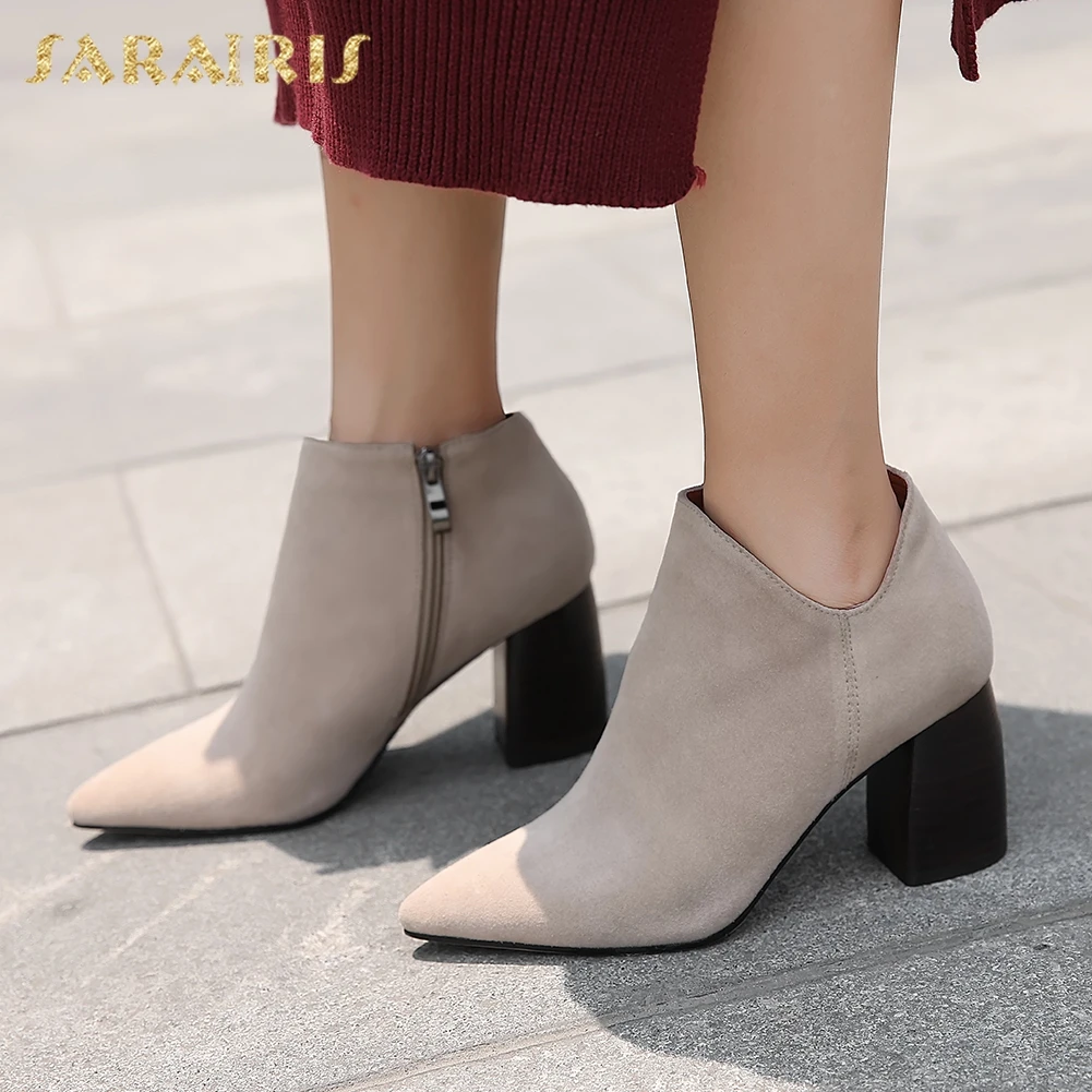 

Sarairis High Quality Cow Suede Hot Sale Solid Spring Autumn Boots Woman Shoes Zipper Chunky Heels 4 Colors Shoes Woman Boots