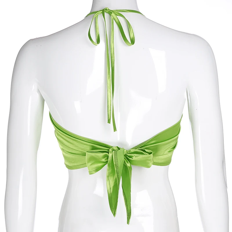 Сладкий зеленый шикарный цветочный принт милый короткий топ пляжная одежда с открытой спиной Сексуальный Атласный топ с бантом женская летняя праздничная одежда