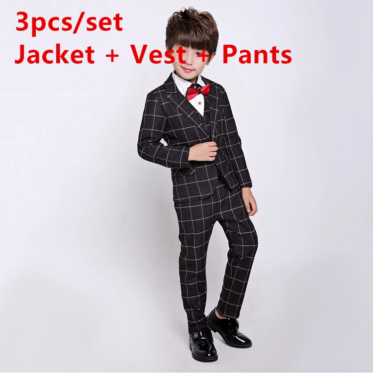black 3pcs Детский костюм комплекты для маленьких мальчиков для свадьбы мальчик формальный костюм для выпускного детей клетчатый Блейзер жилет Брюки для девочек комплект детской одежды костюм B052 - Цвет: black 3pcs