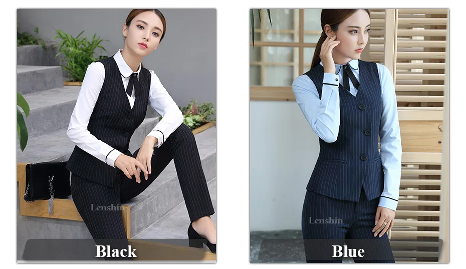 Lenshin комплект из 2 предметов синий полосатый брючный костюм для женщин без рукавов жилет и брюки Офис Леди Бизнес официальная одежда