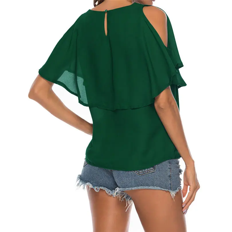 New Women Summer Fashion Office Ladies Elegant Vintage Solid O-Neck Cold Shoulder Overlap Blouse Ruffle Short Sleeve Top #4A23 (2)