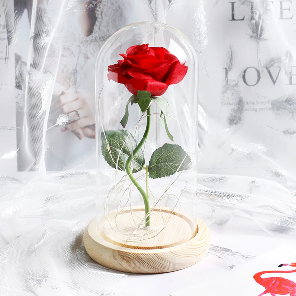 Светодиодный светильник-роза в колбе с изображением красавицы и зверя, черная основа, стеклянный купол, лучший подарок на день матери, День святого Валентина