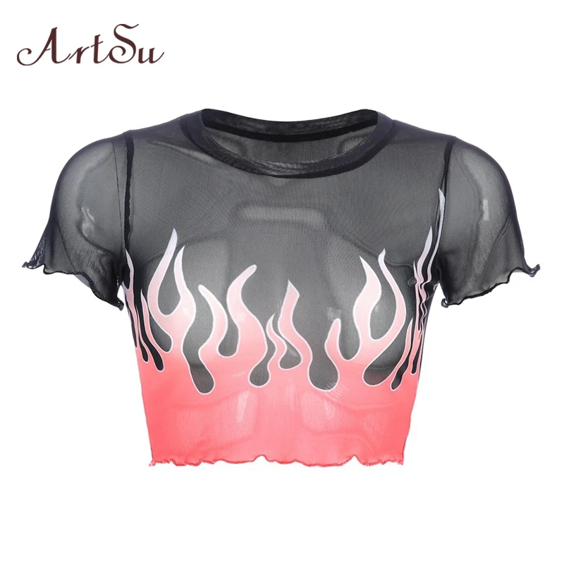 

ArtSu Flame Printed Transparent Tshirt Women Mesh Sexy Ladies T Shirt Black Harajuku Crop Tops Tees Streetwear ASTS20880