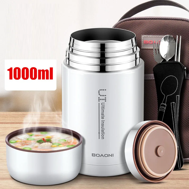 White 1000ml BOAONI 1000 мл пищевые термоконтейнеры с вакуумной изоляцией для супа термос 18/8 коробка для ланча из нержавеющей стали с складная ложка - Цвет: White 1000ml