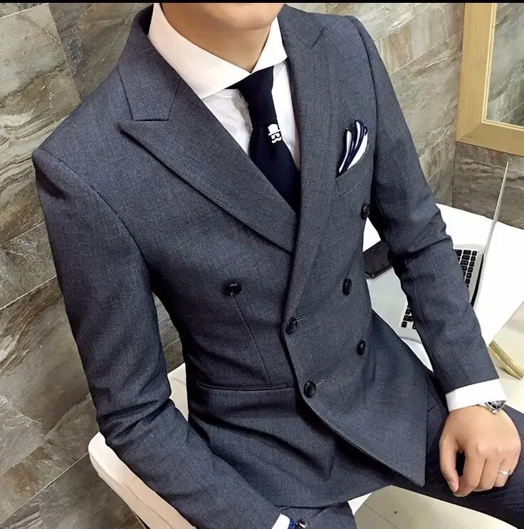 2018 Men Suits for Wedding Grey Formal Double Breasted Blazer with Wide