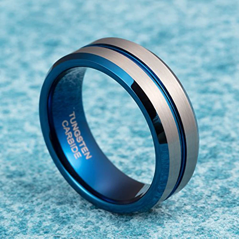 Somen Ring Men Blue Inlay 8mm Tungsten Carbide Ring Blue Groove Design