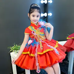 Красное детское свадебное платье Ципао для девочек, детские вечерние платья Ципао, китайское платье с вышивкой Феникса, вечернее платье из
