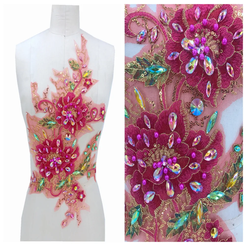 

pink/green sew on rhinestones lace applique crystals trim patches 45*28cm for dress DIY accessories