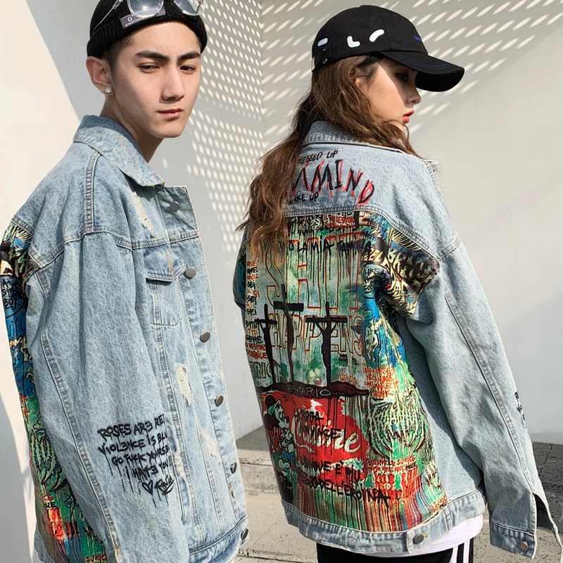

Women Denim Jackets 2019 Spring Autumn Painted Jean Jackets Fashion Patch Short Coat Casual Chaquetas Mujer Basic Jacket LYL353
