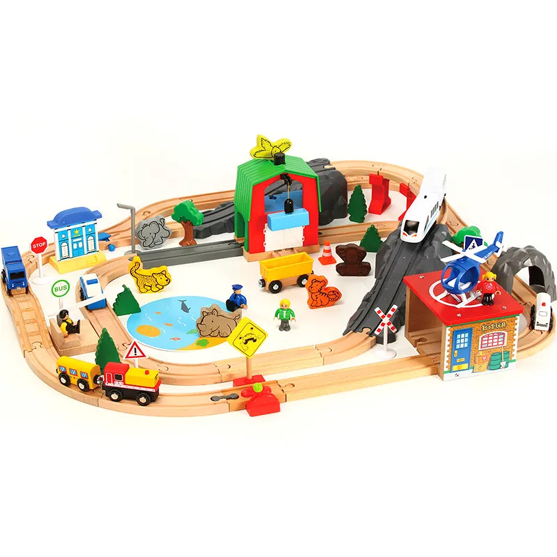 

79Pcs Vocal Electric Train Track Gray Hillside Stop Airport Fishing Scene Wooden Railway Toy Compatible Brand Wooden Track Brio