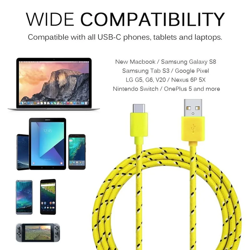 Fast Charging Type-C USB C Mobile Phone Cables 1M/2M/3M USB C Cable Fast Charge For Samsung S10 Plus Huawei Nylon Braided Cable best fast charging cable for android