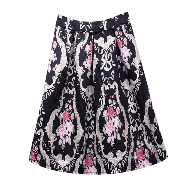 European Vintage Women Casual High Waist Print Pattern Midi Stretch Pleated Skirt Women's 2017 Spring Fall Fashion Retro Skirts