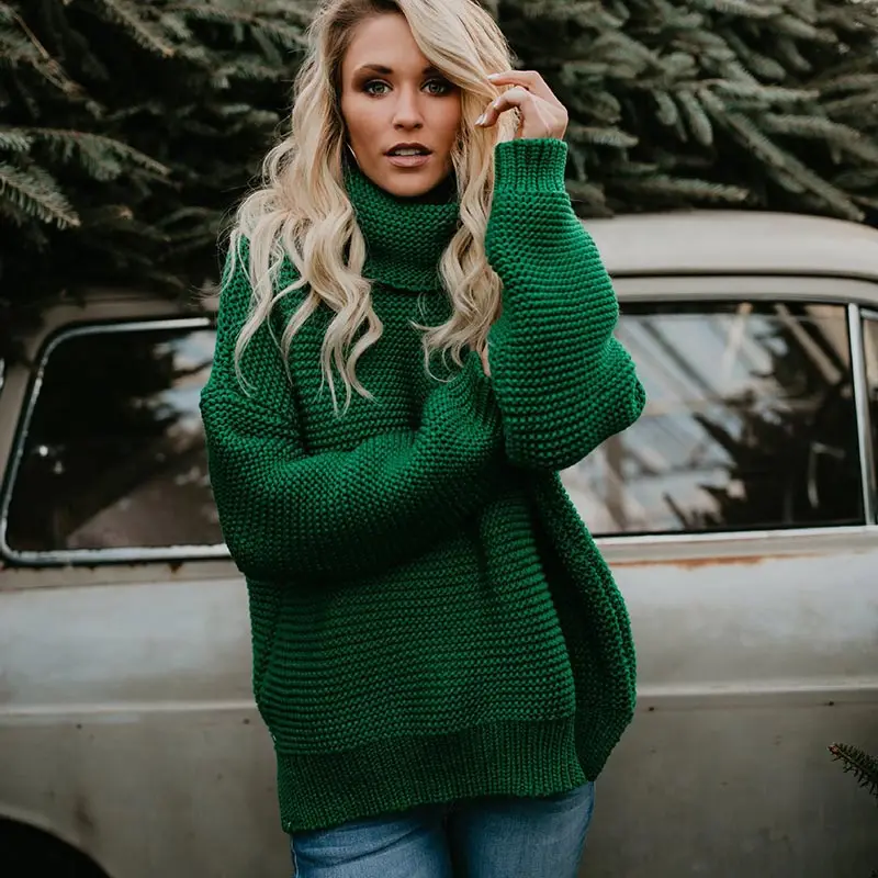 Женские свитера, трикотаж, новая мода, Осень-зима, свитер, женские пуловеры, топы, одноцветные, свободные, толстые, женские свитера - Цвет: Green