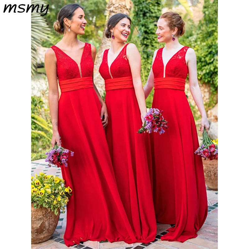 Элегантные трапециевидные красные платья подружки невесты без рукавов с открытой спиной Дешевые Длинные свадебные платья с бантом на