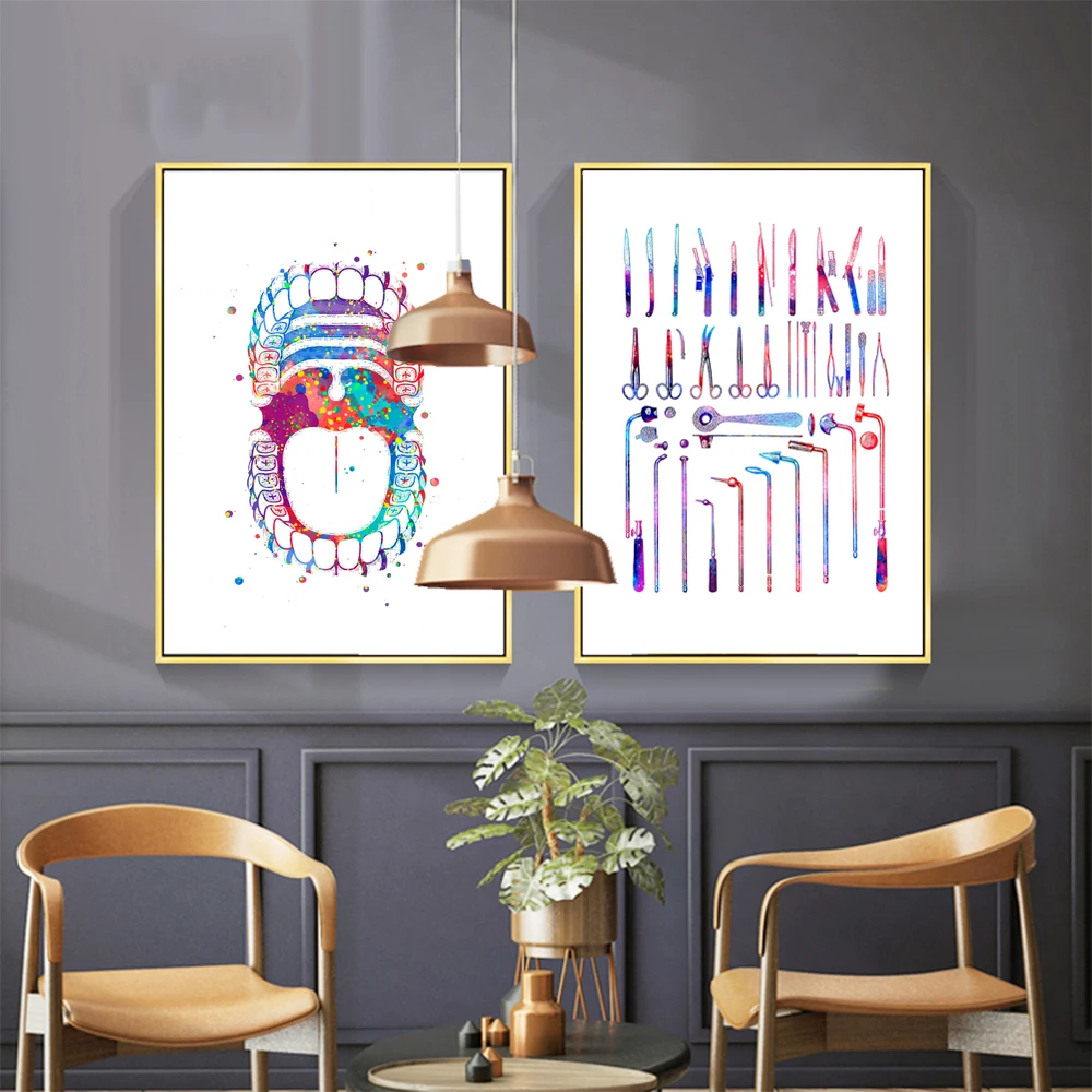 WANGART Colorful Teeth Print Surgical Instrument Canvas Painting Modern Art Wall Picture For Medical Education Office Home Decor