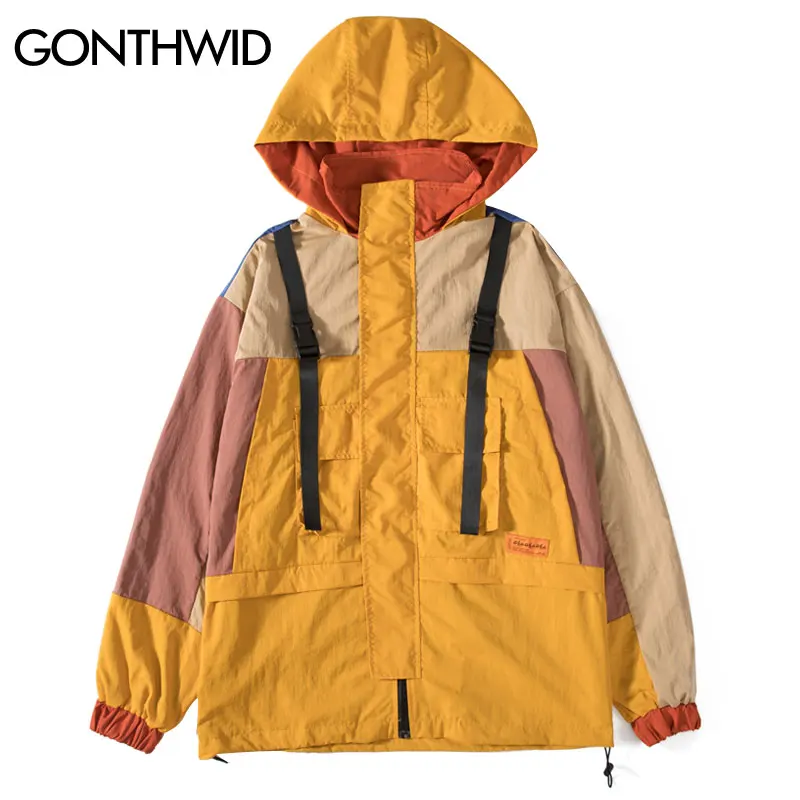 

GONTHWID Vintage Front Buckle Ribbon Color Block Patchwork Hooded Windbreaker Zip Up Track Jackets 2019 Men Casual Outwear Coats