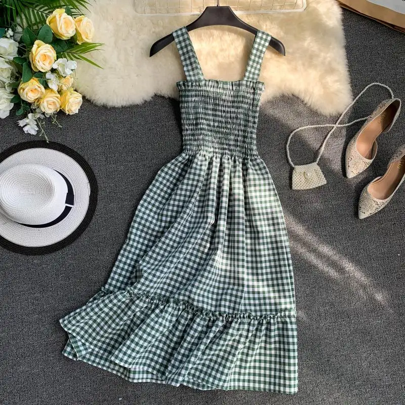 Slim Ladies Ruffles Vintage Plaid Print 2020 Sexy Summer Midi Dress Party Spaghetti Strap Women Casual Beach Elegant Vestidos