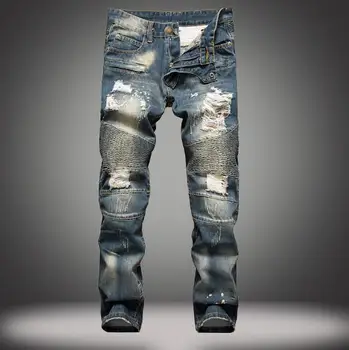 

2018 Spring Autumn Men Ripped Jeans Slim Fit Denim Pants tiedye Jeans Men Pleated Motorcycle Biker Jeans hip hop Strech for man