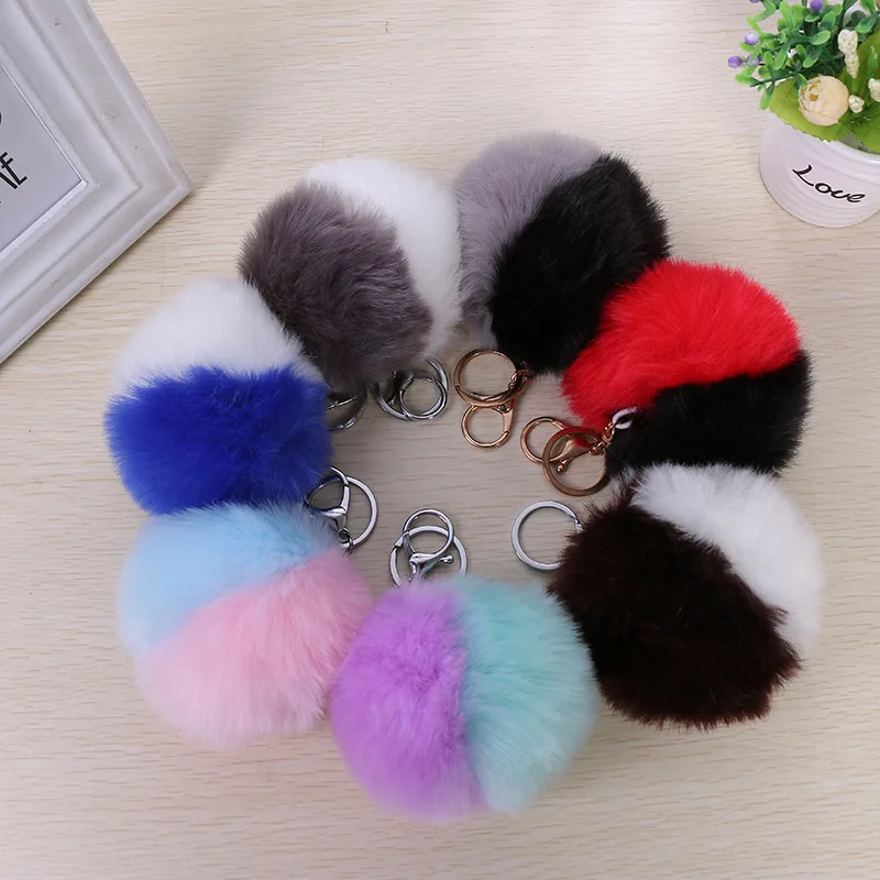 Double Color Plush Ball Pendant 10 Cm Rabbit Fur Fashion Bag Key Chain Car Accessories | Украшения и аксессуары