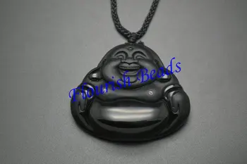 

Tibetan style Natural Black Obsidian Laughing Buddha Stone Pendant Necklace