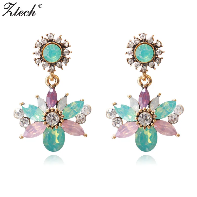 

Ztech New Hot Fashion Green/Pink Color Crystal For Women Trend Maxi Wedding Jewelry Dangle Drop Ethnic Statement Earrings