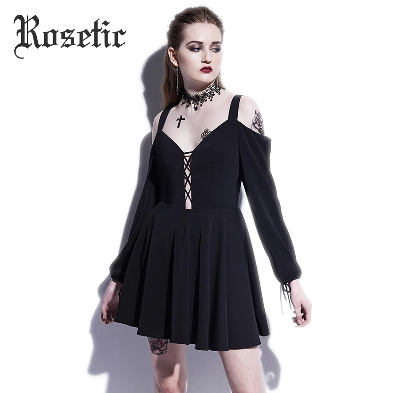 

Rosetic Gothic Mini Dresses Black Hollow Lace-Up Goth Dress Autumn Women Fashion Street Wild Preppy Dark Young Gothic Mini Dress