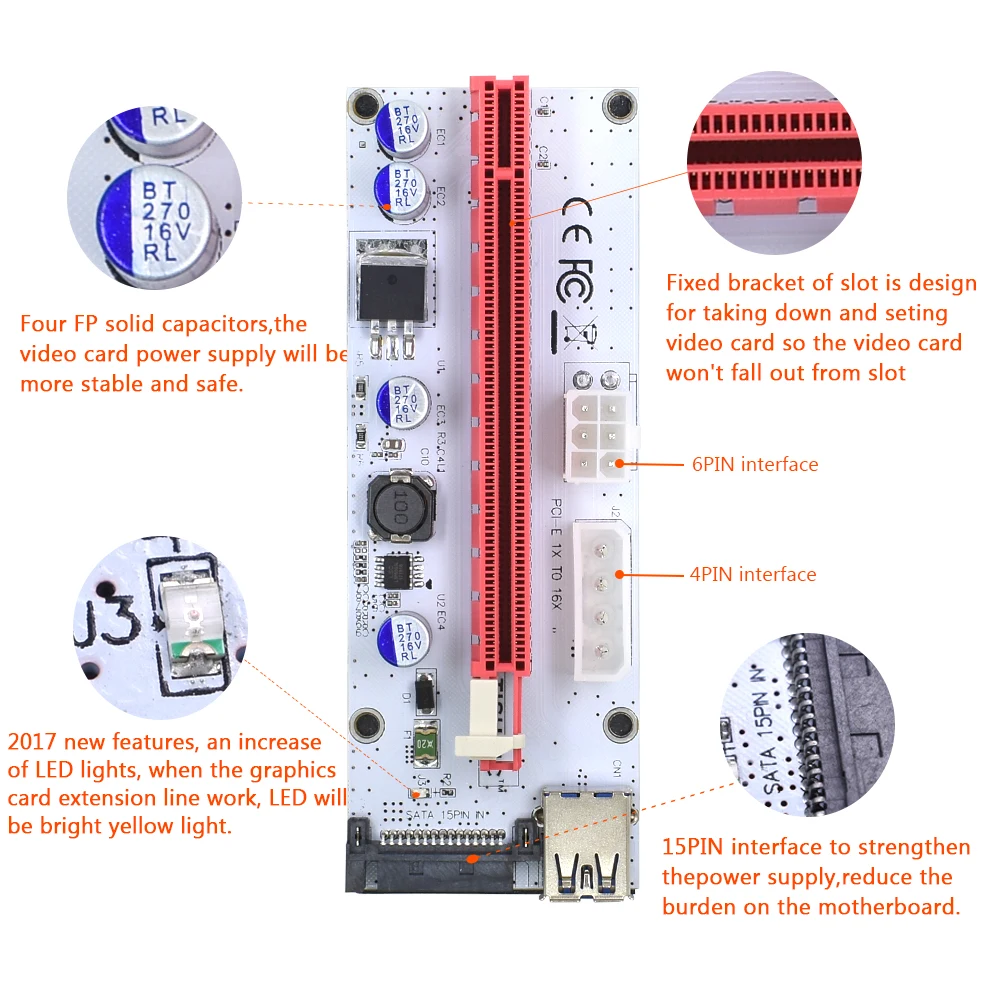 Райзер TISHRIC VER008S Molex 4 контактный SATA 6PIN PCI Express PCIE E адаптер 008s 008 1X на 16X USB3.0