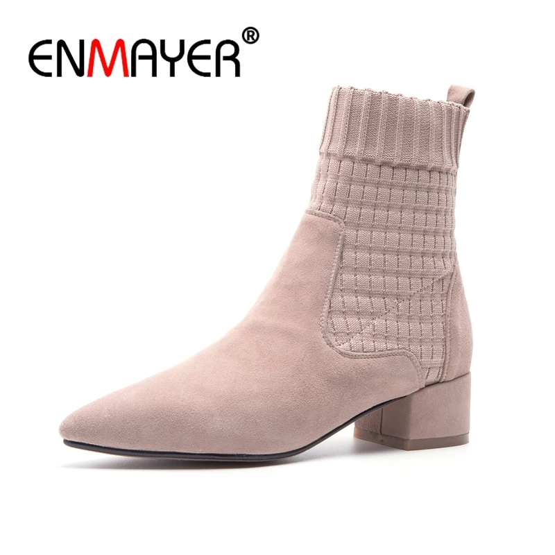 

ENMAYER Women Ankle Boots Size 34-39 Causal Med Heels Thick Heels Fashion Boots Pointed Toe Shoes woman Slip on Kid Suede CR1243