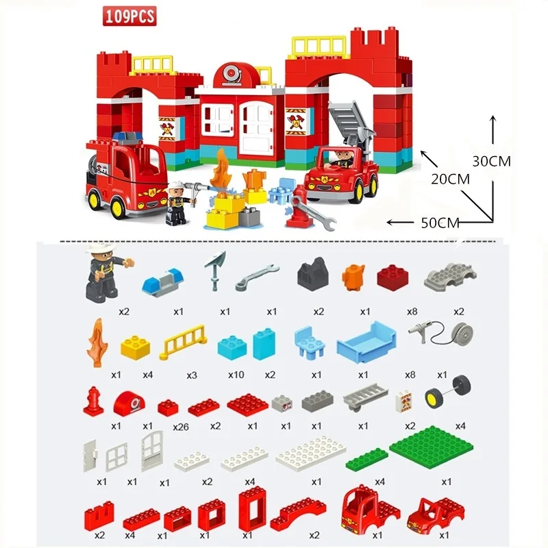 Большие блоки городская пожарная станция строительные блоки набор совместимых Duploed DIY большой строительный блок городская пожарная машина игрушки для детей Подарки - Цвет: 109PCS Without Box