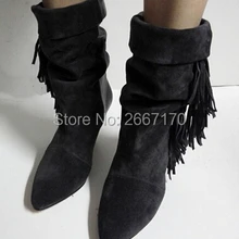 Женские ботильоны на шпильке; замшевые ботинки с бахромой и острым носком на высоком каблуке; botas; женская зимняя обувь